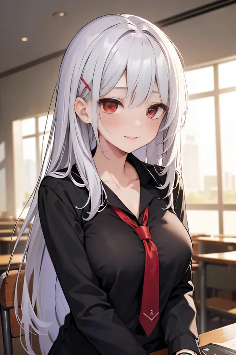 Beautiful woman in school uniform, (black_shirt, red tie), (solo:1.1), ((mature woman:1.2)), skinny, (blush), (red_eyes), detailed eyes, silver hair, (hair clips), ((hair over face, long hair strands, messy hair)), collarbone, neck details, (detailed face)...