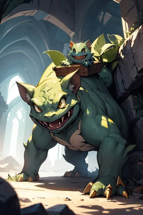 Warrior bulbasaur in action position , Tyler Edlin Arte de fantasia, Estilo de arte Humblewood, High Fantasy Illustration, guerreiro , Surpreendentemente detalhado D & D arte