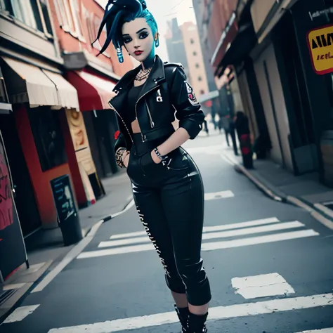 goth, excited, pale skin, smoky eyes, vivid colors, punk clothing, punk rock hairstyle, black lips, cyan hair, abandoned street,...