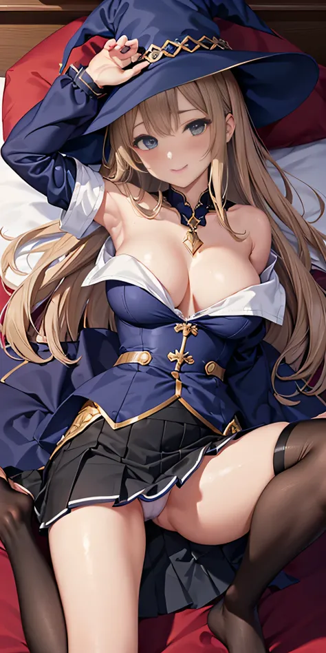 debris flies, highest quality, Highly detailed CG Unity 8K wallpaper, sexy witch , Long length hair、Dark blonde wavy hair、off shoulder knit, dark blue pleated skirt, stockings、medium breasts, saggy breasts, Pose that emphasizes the chest, blush, shy smile,...