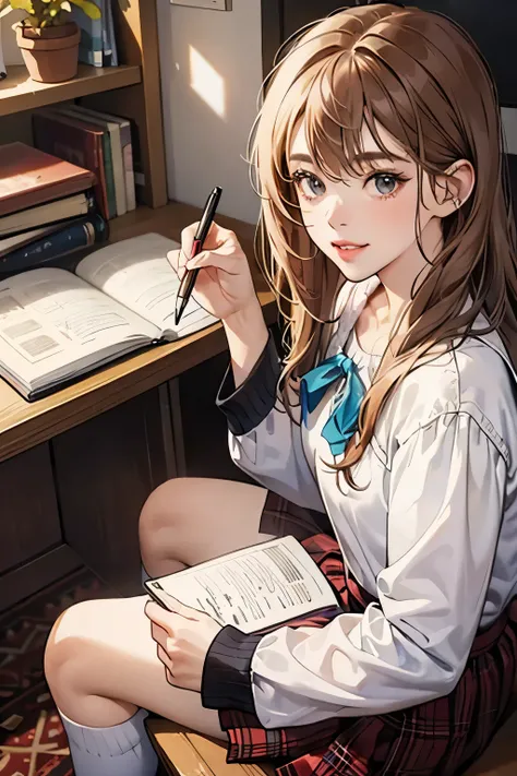 Girl --s2, (ultra-detailed, young and radiant complexion), flowing chestnut brown hair, sparkling hazel eyes,  nose, full lips with a gentle smile, pale pink blouse, plaid school skirt, knee-high socks, Mary Jane loafers, sitting cross-legged on a plush ca...