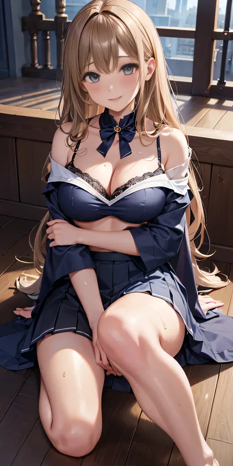 debris flies, highest quality, Highly detailed CG Unity 8K wallpaper, sexy witch , Long length hair、Dark blonde wavy hair、off shoulder knit, dark blue pleated skirt, stockings、medium breasts, saggy breasts, Pose that emphasizes the chest, blush, shy smile,...