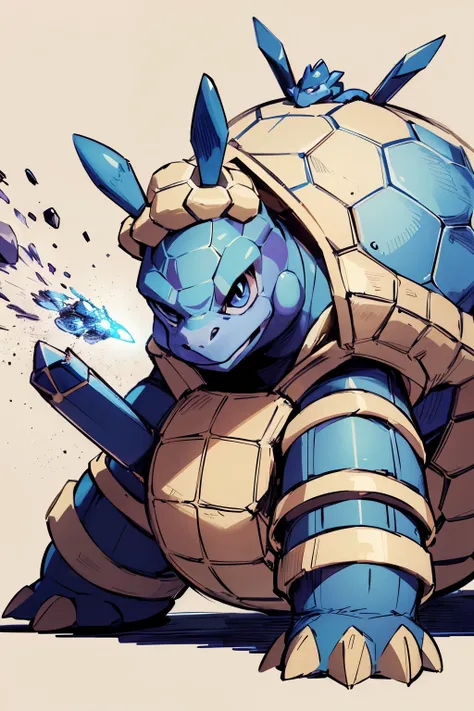 A concept illustration of an artfully drawn (((Pokémon Blastoise))), its scales ornamented with intricate patterns inspired by Forge Rotation glyphs, emanating advanced particle effects that swirl around its form, accompanied by advanced scientific symbols...