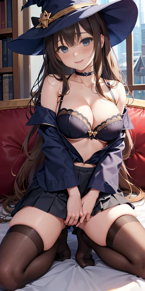 debris flies, highest quality, Highly detailed CG Unity 8K wallpaper, sexy witch , Long length hair、Dark blonde wavy hair、off shoulder knit, dark blue pleated skirt, stockings、medium breasts, saggy breasts, Pose that emphasizes the chest, blush, shy smile,...