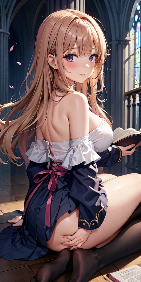 debris flies, highest quality, Highly detailed CG Unity 8K wallpaper, sexy witch , long dark blonde wavy hair、off shoulder knit, dark blue pleated skirt, stockings、medium breasts, saggy breasts, Pose that emphasizes the chest, blush, shy smile, bare should...