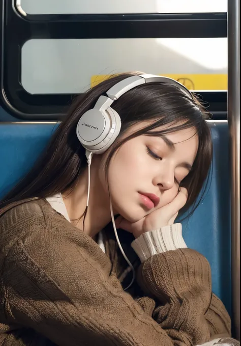 ((realistic lighting、highest quality、8K、masterpiece:1.3))、clear focus:1.2、1 girl、perfect beauty,((dark brown hair、(acceleration:1.4)、narrow side、highly detailed face、detailed eye、double eyelid、fair skin,sleep on a train with headphones on, Listen to the mu...