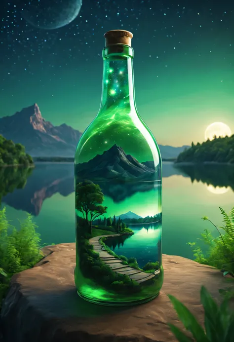 A huge bottle，There is a majestic lake inside ,  Very high quality and very detailed scenes , octane rendering, starry sky , Dream , Huge green moon , paradise walter , inspiration, imagination  