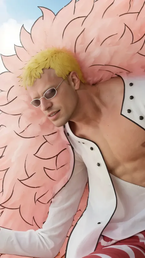 (masterpiece), (realistic), (ultra detailed), ( high reest quality), (photorealistic), (perfect face), (perfect anatomy), man, male, solo, (((40 years old))), donquixote doflaminho from one piece, donquixote doflamingo, one piece, yellow hair, (((upward sp...