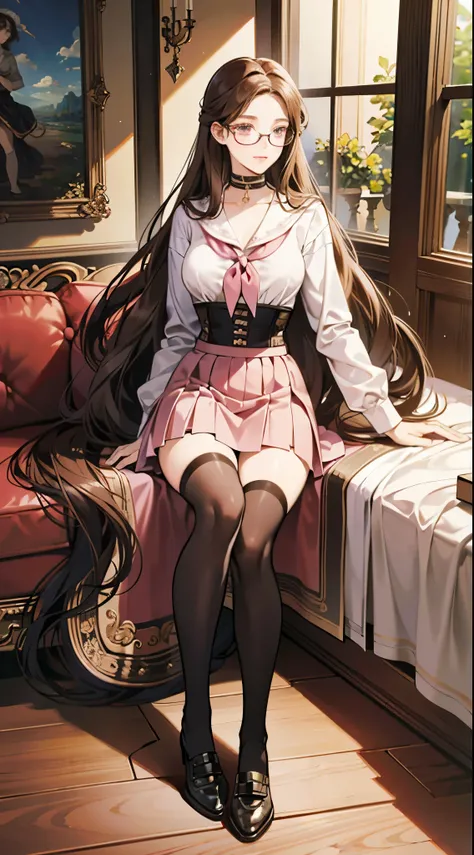 Beautiful italian woman, ((best quality)), ((masterpiece)), ( extreme detailed, highest detailed, official art, beautiful and aesthetic:1.2)  school uniform, ((((skirt)))), choker, big breast, medium body potrait, thighhighs socks, school shoes, absurdly l...