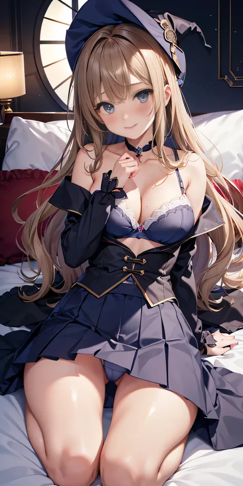 debris flies, highest quality, Highly detailed CG Unity 8K wallpaper, sexy witch , Long length hair、Dark blonde wavy hair、off shoulder knit, dark blue pleated skirt, stockings、medium breasts, saggy breasts, Pose that emphasizes the chest, blush, shy smile,...