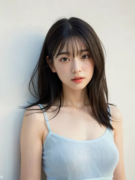 See-through tops、巨乳、キャミソール、(背景にwhite wall、Part of her hair is sky blue:1.4)、white wall、Taken in front of the white door、(窓のあるwhite wallの部屋)、((highest quality、8K、masterpiece:1.3))、ultra high resolution、(photorealistic:1.4)、raw photos、Japanese,(details face)...