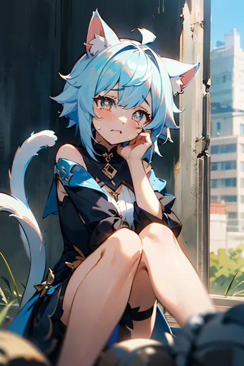 Masterpiece, best quality, 1girl, furina, genshin impact, white hair, blue hair, cute, teae shaped pupils, cat ears, cat tail, sad, cry, abandoned city