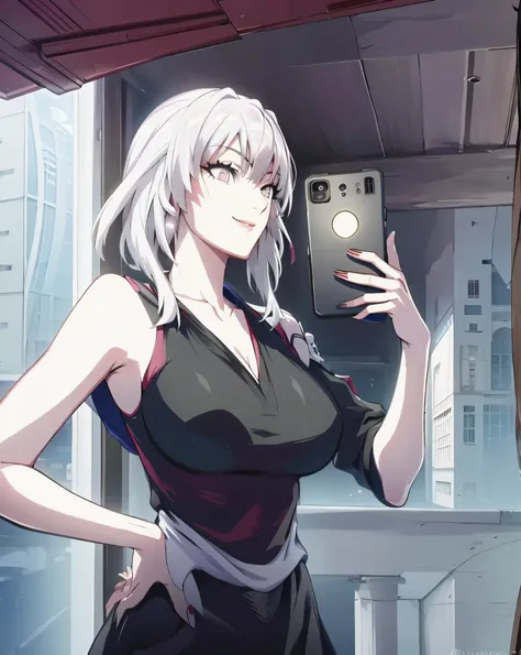 anime girl taking a selfie with her phone in a bedroom, (original character with design composite of fubuki kafka xueyi sakura-c...