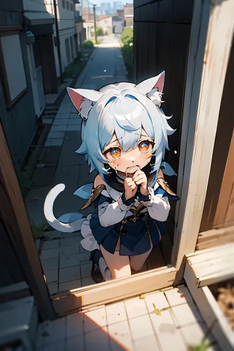 Masterpiece, best quality, 1girl, furina, genshin impact, white hair, blue hair, cute, teae shaped pupils, cat ears, cat tail, sad, cry, abandoned city