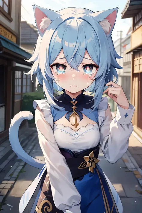 Masterpiece, best quality, 1girl, furina, genshin impact, white hair, blue hair, cute, teae shaped pupils, cat ears, cat tail, sad, cry, abandoned city