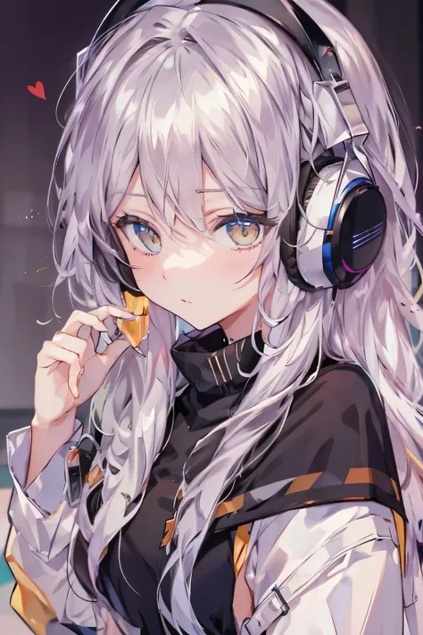 golden eyes、woman using computer with big screen、silber hair、semi-long hair、wearing cool headphones,{{{{{{{{ black parker oversi...