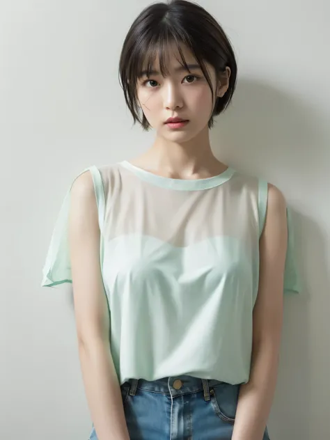 See-through tops、巨乳、キャミソール、むちむちな太もも、(背景にwhite wall、Part of her clothes is Mint green:1.4)、white wall、Taken in front of the white door、(窓のあるwhite wallの部屋)、((highest quality、8K、masterpiece:1.3))、ultra high resolution、(photorealistic:1.4)、raw photos、Japanese,...