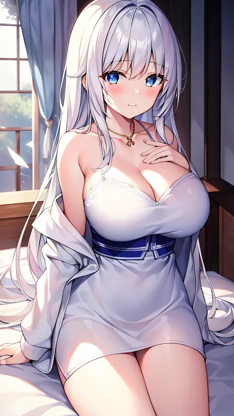 detailed， dense， masterpiece， a girl， Beautiful big breasts， Wearing a white cardigan， Everlasting，Stand by the bed，There were blankets，  white hair， 16 years old， Light滑的皮肤， 发Light的皮肤， 发Light的头发， clear eyes， 发Light的眼睛，blue eyes， pale pink lips， （The audie...