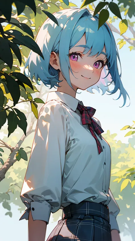 16 year old girl、light blue hair、pink eyes、smile、blush、small breasts、From the side、large amount of acorns、White blouse shirt、plaid mini skirt、upper body close-up、Under the bright sunlight filtering through the leaves、green tree々