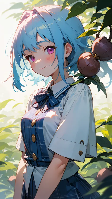 16 year old girl、light blue hair、pink eyes、smile、blush、small breasts、From the side、large amount of acorns、White blouse shirt、plaid mini skirt、upper body close-up、Under the bright sunlight filtering through the leaves