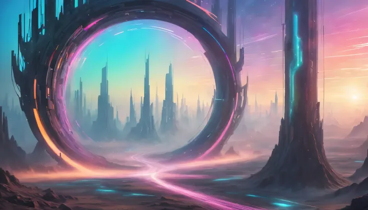 Vortex portal, swirling rifts in reality connecting different dimensions, casting multicolored beams across the dystopian landscape. , cyberpunk style