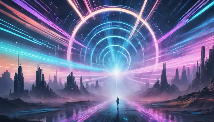 Vortex portal, swirling rifts in reality connecting different dimensions, casting multicolored beams across the dystopian landscape. , cyberpunk style