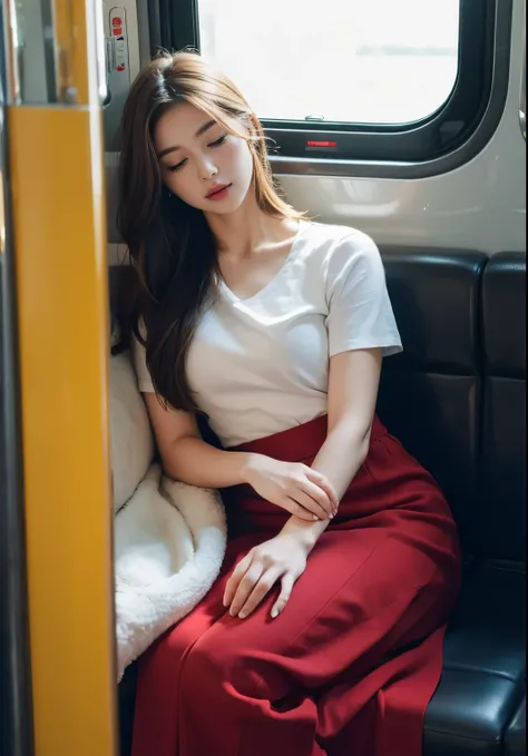 
((realistic lighting、highest quality、8K、masterpiece:1.3))、clear focus:1.2、1 girl、perfect beauty,narrow side、highly detailed face、fair skin,sleep,sleep on the train, woman very tired, Sleeping,from the front,I&#39;m sitting with my legs slightly apart,styl...