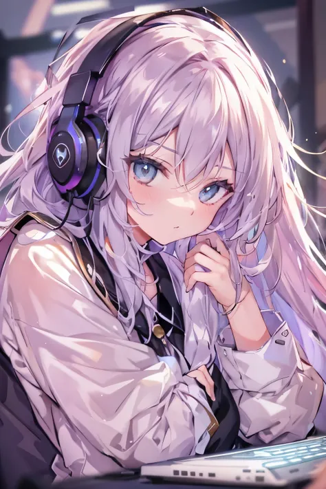 golden eyes、woman using computer with big screen、silber hair、semi-long hair、wearing cool headphones,{{{{{{{{ black parker oversi...