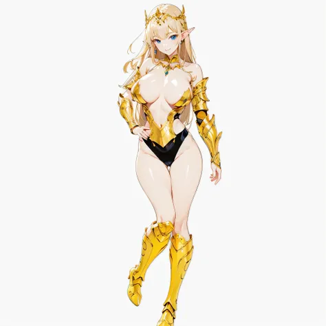 masterpiece、highest quality、very detailed、High resolution、１６ｋ、Thin contours、I can see the nipples、chest proportions、elfの女の子、golden armor shines、Sheer white skirt、black pants、very white skin、beautiful fingers、Anime girl very big breasts naked pose、perfect s...