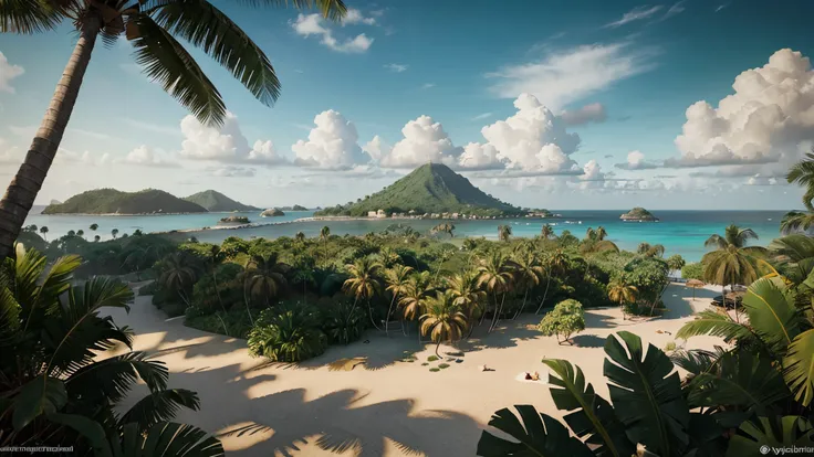 I have a picture of a tropical island with palm trees., Low polygon rendering inspired by senior environment artist, PolyCount Contest Winner, conceptual art, Island Background, background jungle, Jungle in the background, Animation-style rendering, Styliz...