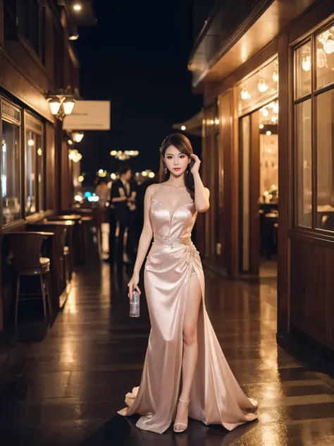 (best quality,realistic,highres),
beautiful girl in a nighttime setting,dressed in elegant attire,looking adorable,รองเท้าส้นสูงสีแดงสด,((full body)),with alcohol cocktail in her hand,