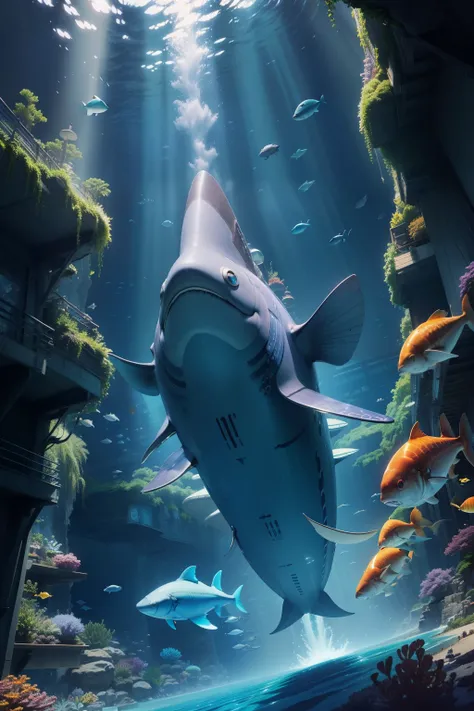 futuro style，aquarium，Giant fish，megalodon、Blue water，High-level ranks，aircraft shuttle、Aquamarine、high tech、megalopolis