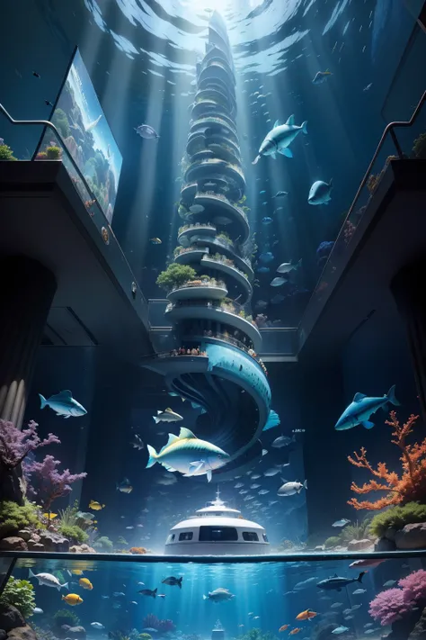 futuro style，aquarium，Giant fish，megalodon、Blue water，High-level ranks，aircraft shuttle、Aquamarine、high tech、megalopolis