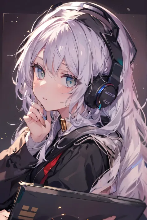 golden eyes、woman using computer with big screen、silber hair、semi-long hair、wearing cool headphones,{{{{{{{{ black parker oversi...