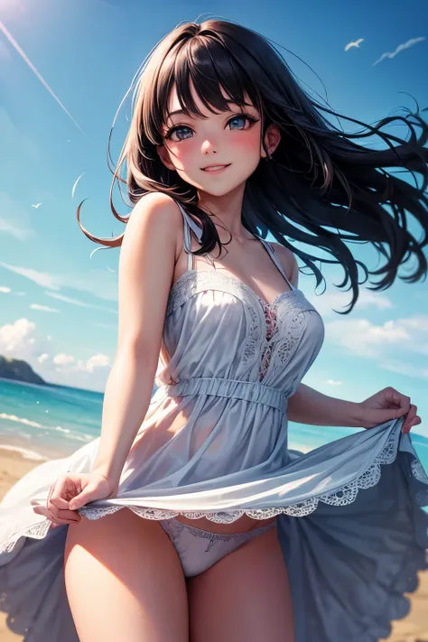 very cute and beautiful girl,frilled white sun dress with detailed lace,(highly detailed beautiful face and eyes:1.2),
(smile),blush,looking at viewer,black hair,dynamic pose,cowboy shot,(skirt lift,white panties),
beach,distant rugged cliffs,
(best qualit...