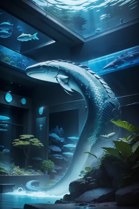 futuro style，aquarium，Giant snake，Titanoboa、Detailed snake､Blue water，High-level ranks，aircraft shuttle、Aquamarine、high tech、megalopolis