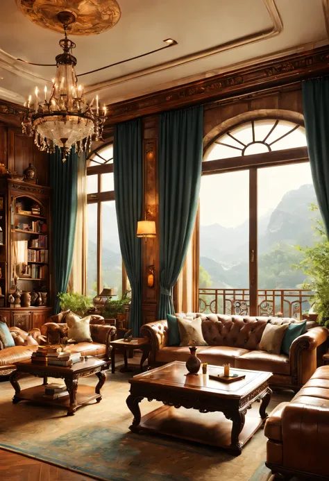 Dignified and elegant leather furniture、Beautifully carved、soft light、Elegant curtains，Burning fireplace。There are paintings on the walls，There are exquisite jade carvings placed by the window。Bookshelf and antique vases display books，Exudes a strong cultu...