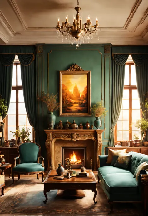 dignified and elegant leather furniture、beautifully carved、soft light、elegant curtains，burning fireplace。there are paintings on ...