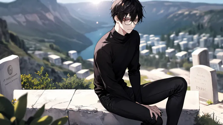 1 guy, black jeans, black sweater, press, Thin, pale, rings on fingers, black nails, Glasses, black hair, a little sporty, Glass eyes, cinematic lighting, Blur background, Best quality, Brown eyes, sitting on a cliff near a grave, the sun is shining,