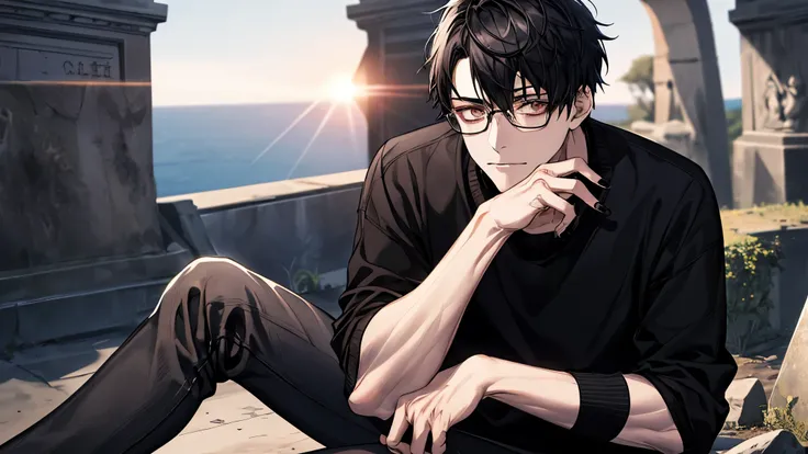 1 guy, black jeans, black sweater, press, Thin, pale, rings on fingers, black nails, Glasses, black hair, a little sporty, Glass eyes, cinematic lighting, Blur background, Best quality, Brown eyes, sitting on a cliff near a grave, the sun is shining,