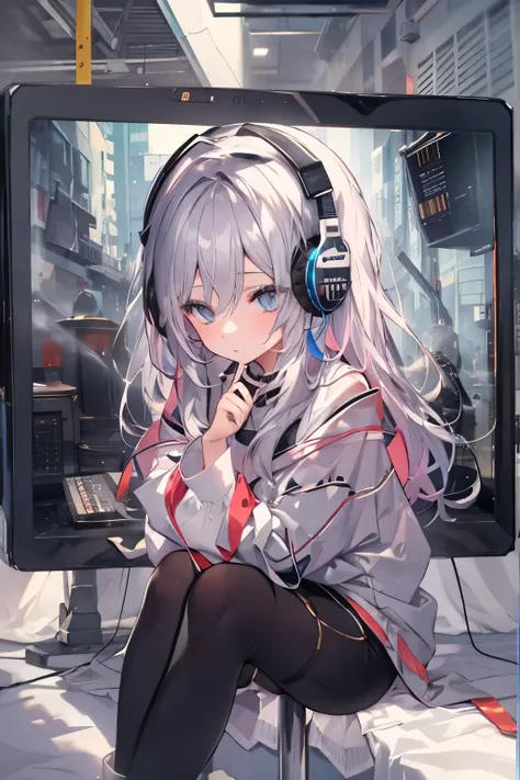 golden eyes、woman using computer with big screen、silber hair、semi-long hair、wearing cool headphones,{{{{{{{{ black parker oversi...