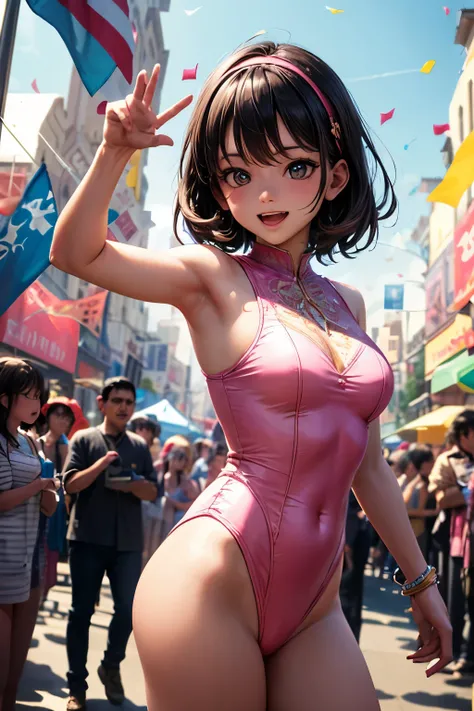 very cute and beautiful girl,(highly detailed beautiful face and eyes:1.2),(pink leotard:1.2),(sleeveless),(laugh),
festival in town street,(parade:1.2),(many people wearing pastel costume),flags,confetti in sky,outdoors,depth of field,
cowboy shot,standin...