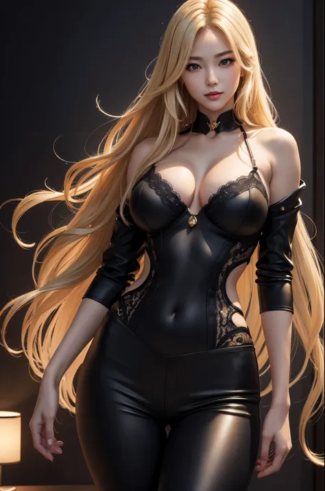 ((8K,High image quality High image quality、masterpiece：1.4))、1 person、、long blonde hair、gradient hair、Super Beautiful Demon Hunter、beautiful expression、red lips,beautiful eyes、Models with large breasts、perfect face shape(like the real thing)、黒と赤のsexyな外装、sh...