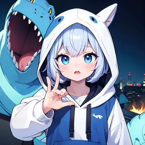 ((best quality)), ((masterpiece)), (detailed), perfect face, basketball boy, white skin, wear a dinosaur hoodie look alike, burning hand, blue eye, anime style