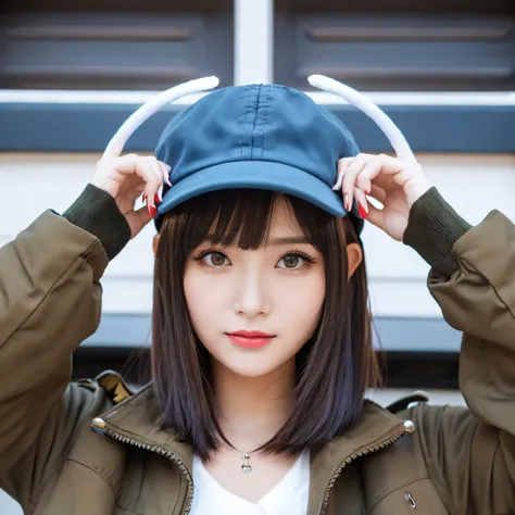 Loose bob military hat and devil horns light blue cute girl