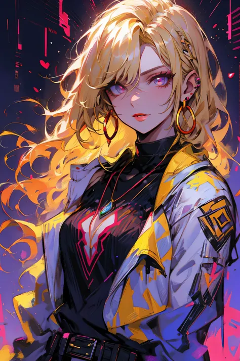 Upper body standing painting, yellow style, (1 ), (alone), (cent, small), long blonde hair, looking at the viewer, Blue eyes background, white background, gem, Jacket, golden hair、straight hair, ear nipple rings, red eyes, choker necklace, sweater, eyelash...