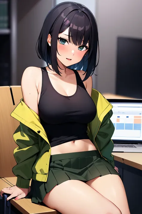 (stripping:1.2),(sexy:1.3),( woman:1.2),(shoulder length black hair),(black tank top),(green jacket and skirt),(enticing),(passionate),(office background),(sitting on desk),(desperate)