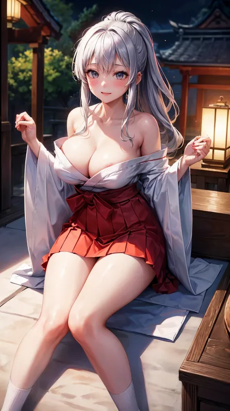 ((highest quality、High resolution、8K、masterpiece:1.3))、wallpaper、1 girl、unparalleled beauty、ultimate beauty、super detailed face、delicate eyes、smile shyly、sexy look、Depth of bounds written、light particles、side light、ponytail、(silver hair、shrine maiden、shrin...