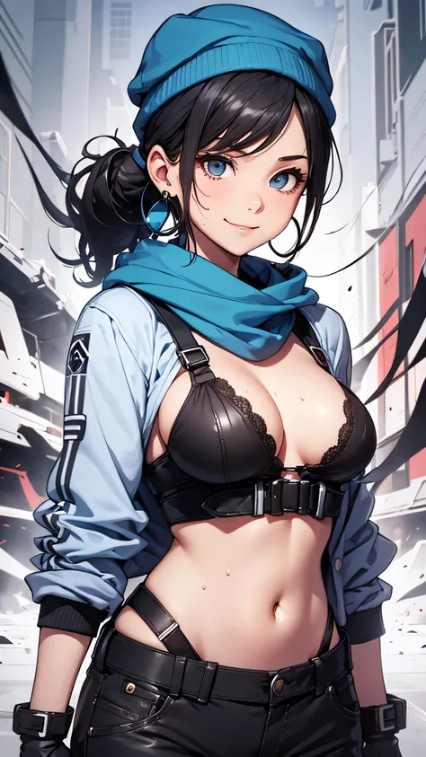 最high quality、best image quality、masterpiece、teenage girl((18-year-old、 By becoming、vest bust、medium bust,wide open breast tea、black eye, black hair、ponytail、thin,highest valley、Perforated gloves、blue earrings、bandana、black stretch work clothes、red work pa...