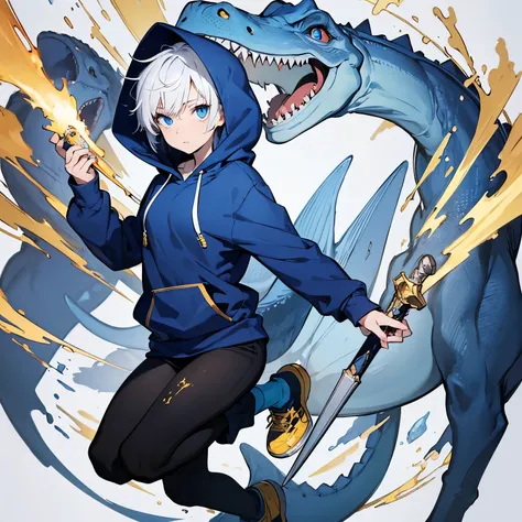 ((best quality)), ((masterpiece)), (detailed) (4k), perfect face, white skin, wearing a dinosaur hoodie, burnt hands, blue eyes, detailed face, 18 years old. dominant colors are white, blue, gold. similar to rin okumura from ao no exorcist, full body art
